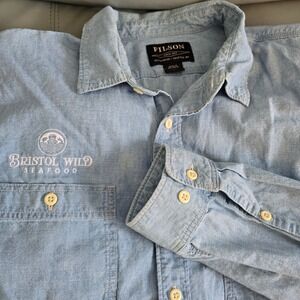C.C. Filson Light Blue Chambray Button Up Shirt Bristol Wild Seafood Logo Mens L
